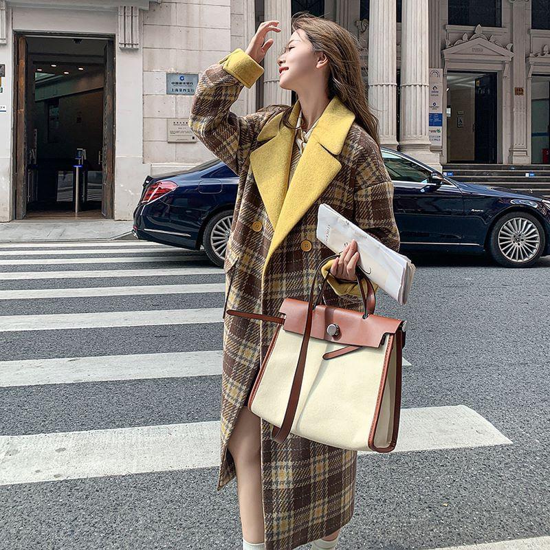 Lapel Collar Plaid Contrast Trim Double-Breasted Long Coat Product Image