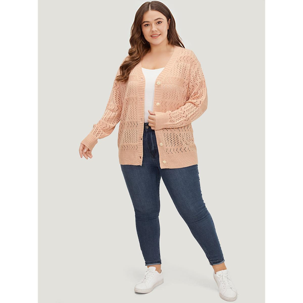 Plus Size Supersoft Essentials Geometric Eyelet Button Through Drop Shoulder Cardigan MistyRose Women Casual Bodycon Long Sleeve Everyday Cardigans BloomChic 18-20/2X Product Image