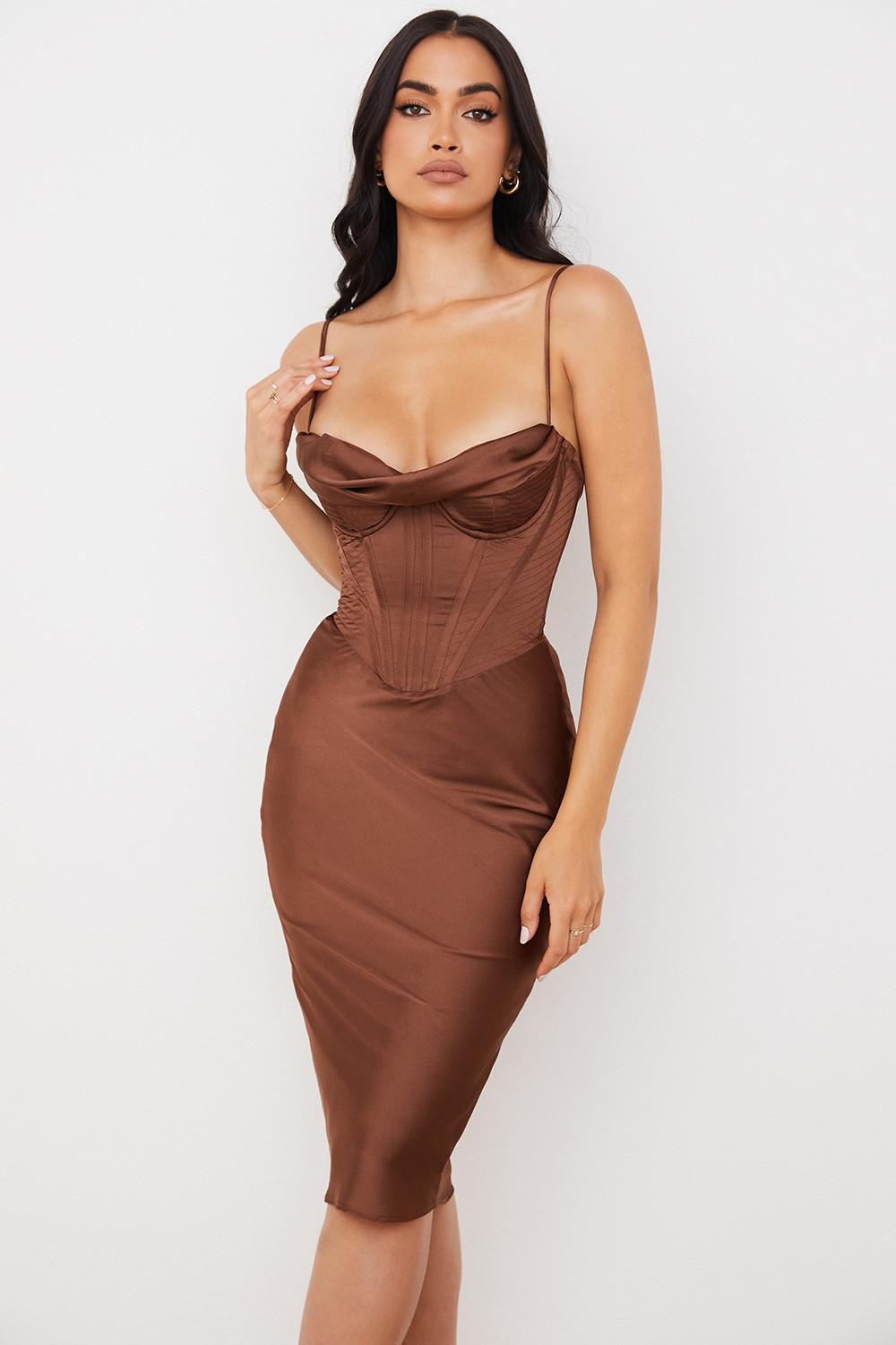 Myrna  chocolate satin corset slip dress - sale Product Image
