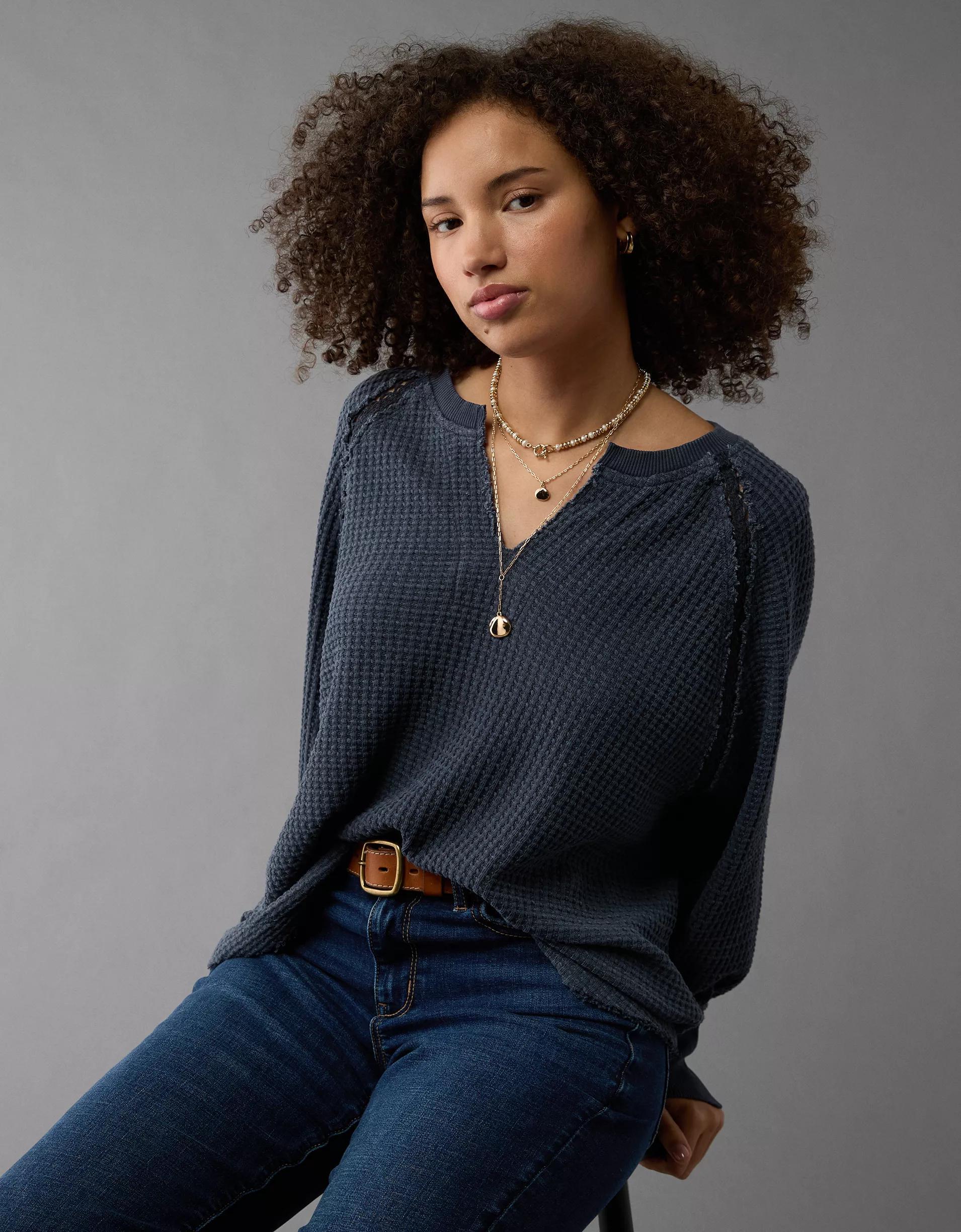 AE Big Hug Notch Neck Waffle Sweatshirt Product Image