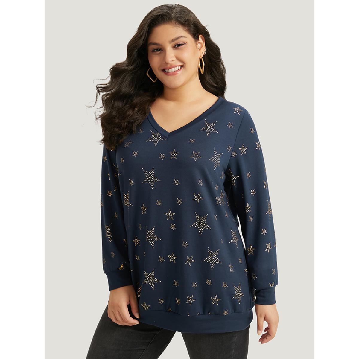 Plus Size Star Glitter Print V Neck Elastic Cuffs Sweatshirt Women Indigo Casual Elastic cuffs V-neck Dailywear Sweatshirts BloomChic 22-24/3X Product Image