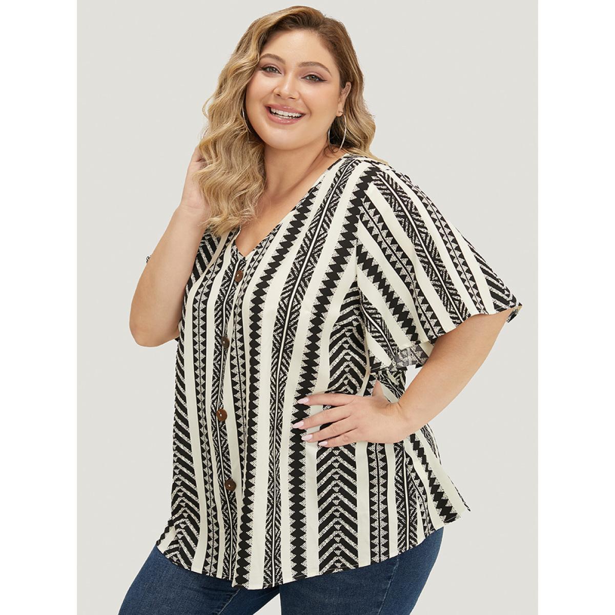 Plus Size White Geometric Print Ruffle Sleeve Button Detail Blouse Women Vacation Short sleeve V-neck Dailywear Blouses BloomChic 26/4X Product Image