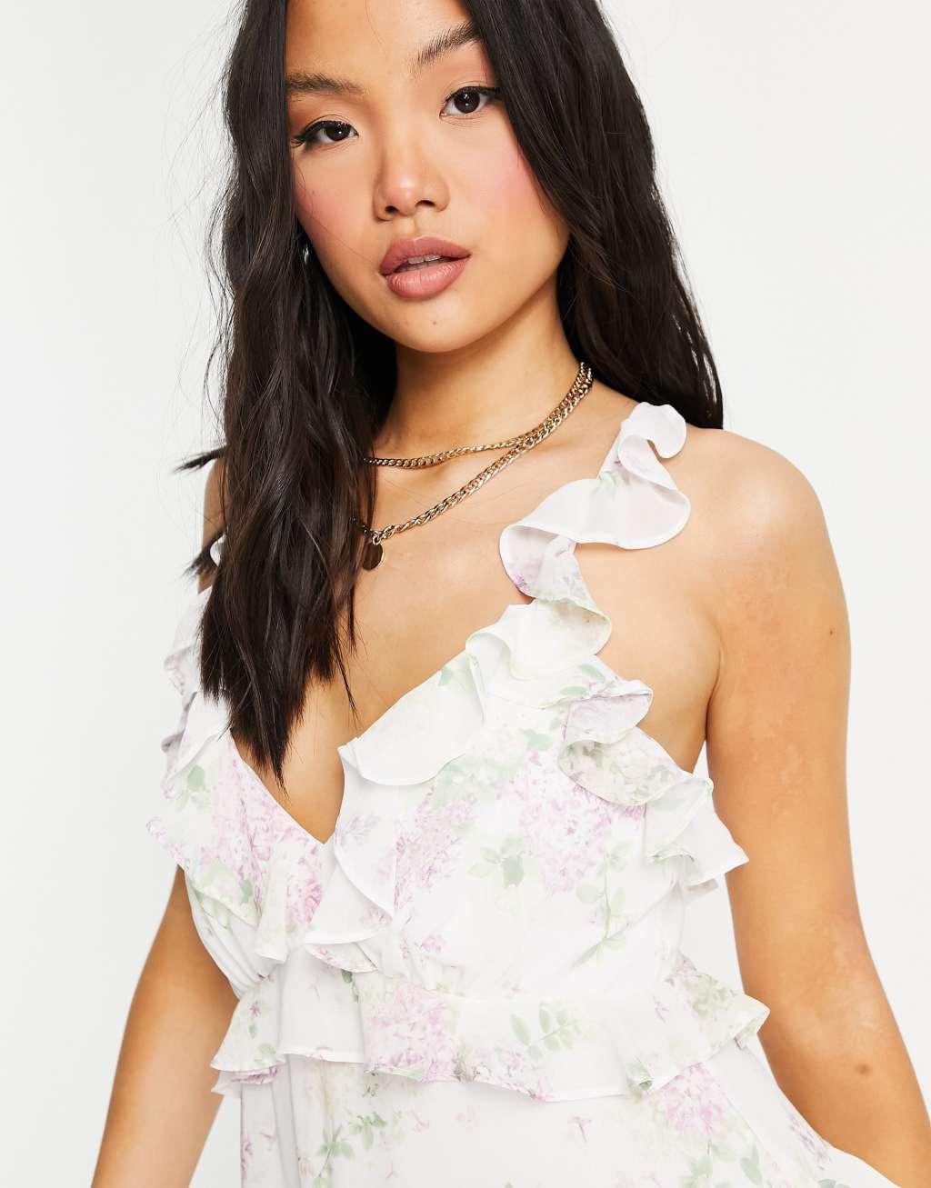 Ever New Petite ruffle waterfall midi dress in soft botanic print Product Image