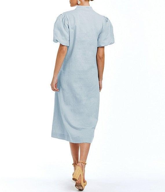 Mestiza New York Linen Blend Elliana Mandarin Collar Puff Sleeve Embroidered Applique Button Front Midi Dress Product Image