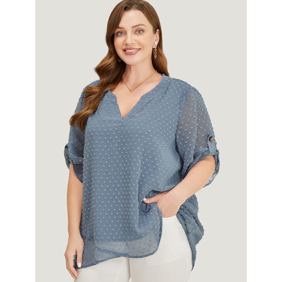 Plus Size Stone Polka Dot Crossover Hem Mesh Cuffed Sleeve Notched Blouse Women Office Half Sleeve Notched collar Dailywear Blouses BloomChic 26/4X Product Image