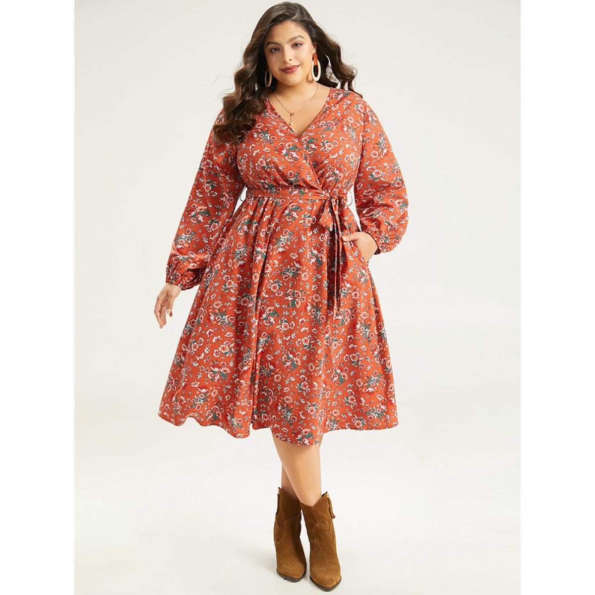 Plus Size Floral Print Belted Elastic Cuffs Dress Rust Women Elegant Elastic cuffs V-neck Long Sleeve Curvy Midi Dress BloomChic 26/4X Product Image