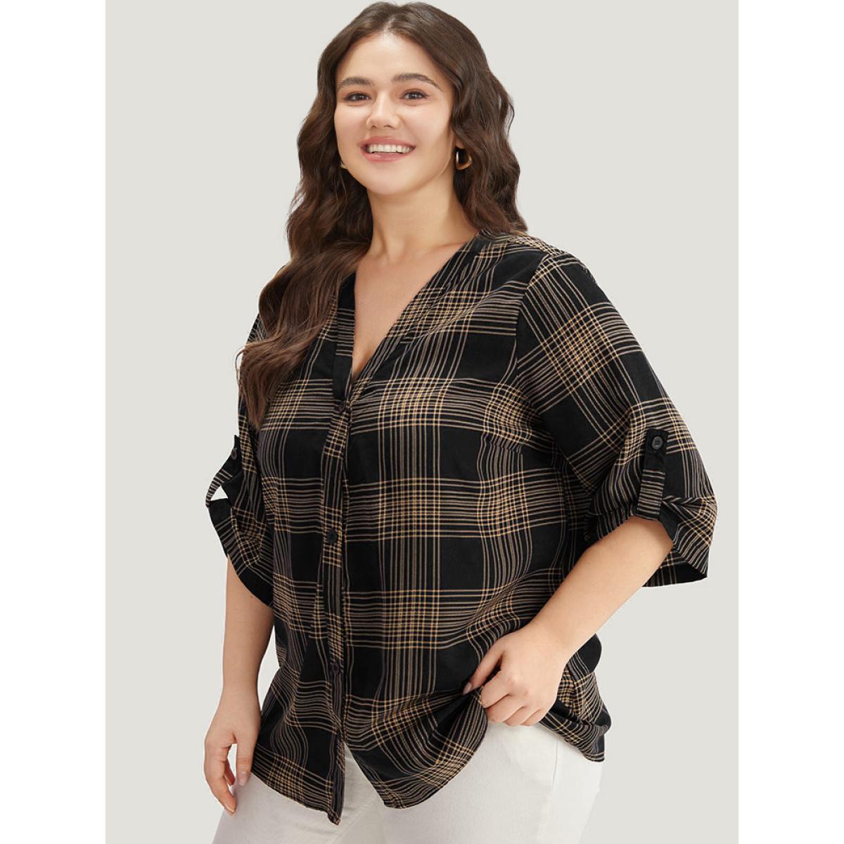 Plus Size Indigo Plaid Button Through Roll Tab Sleeve Blouse Women Office Half Sleeve V-neck Work Blouses BloomChic 26/4X Product Image