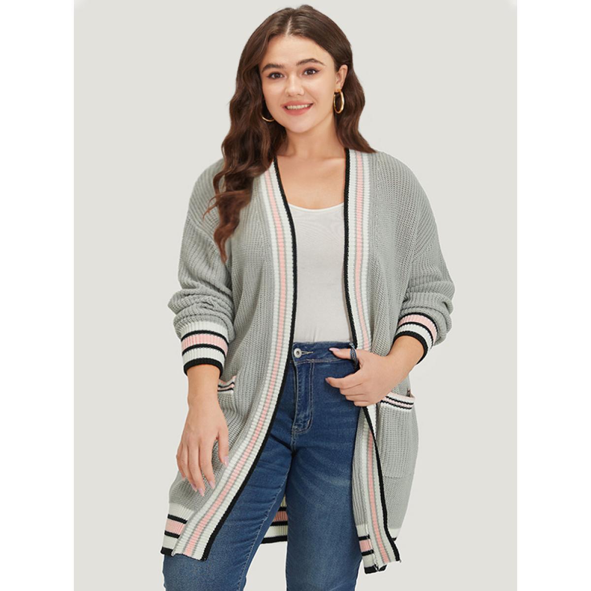 Plus Size Striped Contrast Drop Shoulder Elastic Cuffs Cardigan LightGray Women Casual Loose Long Sleeve Dailywear Cardigans BloomChic 18-20/2X Product Image