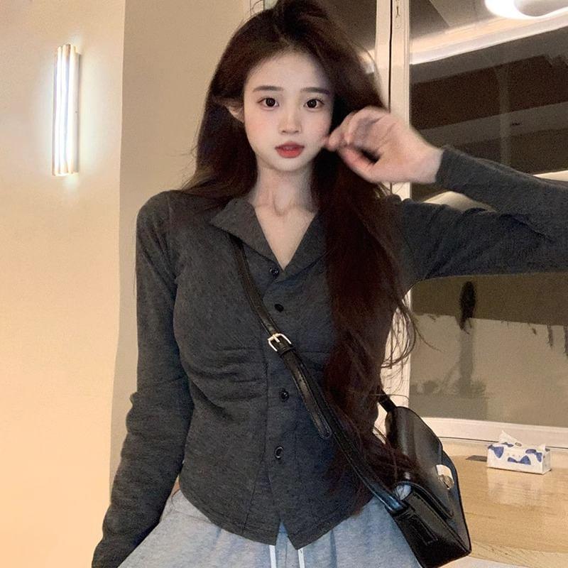 Split Neck Plain Ruched Button-Up Cardigan Product Image