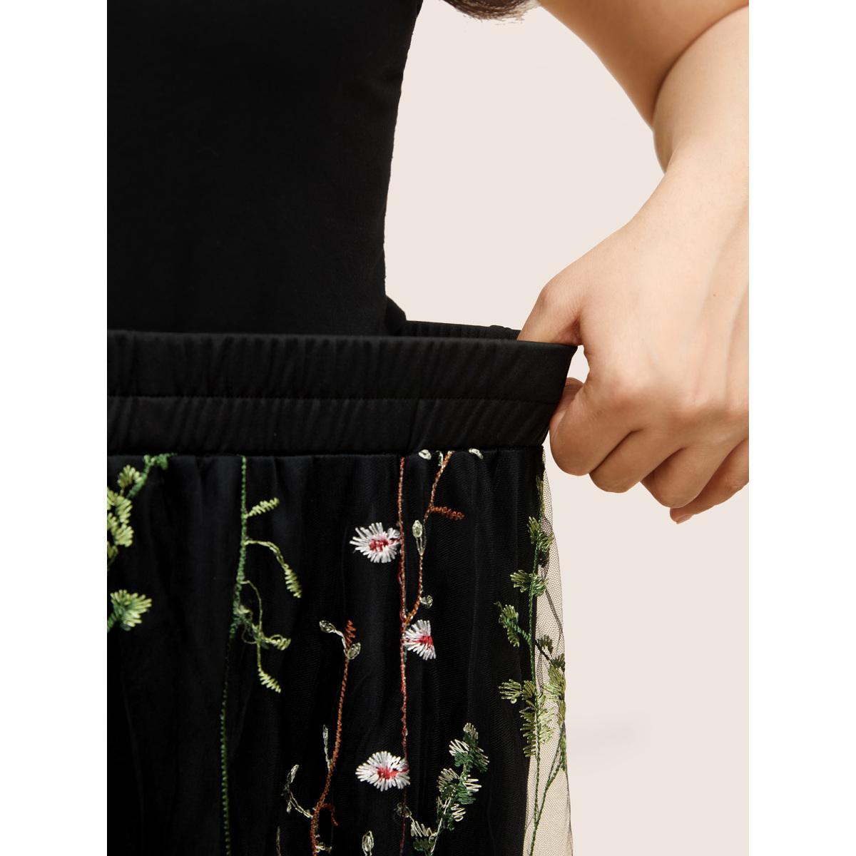 Plus Size Plants Embroidered Mesh Elastic Waist Skirt Women Black Cocktail See through No stretch Party Skirts BloomChic 10/M Product Image