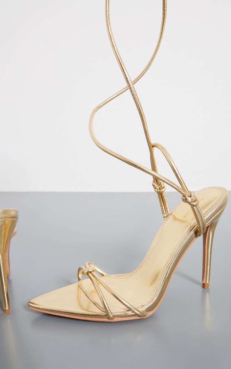 Gold PU Point Toe Metallic Strappy Lace Up Heeled Sandals Product Image