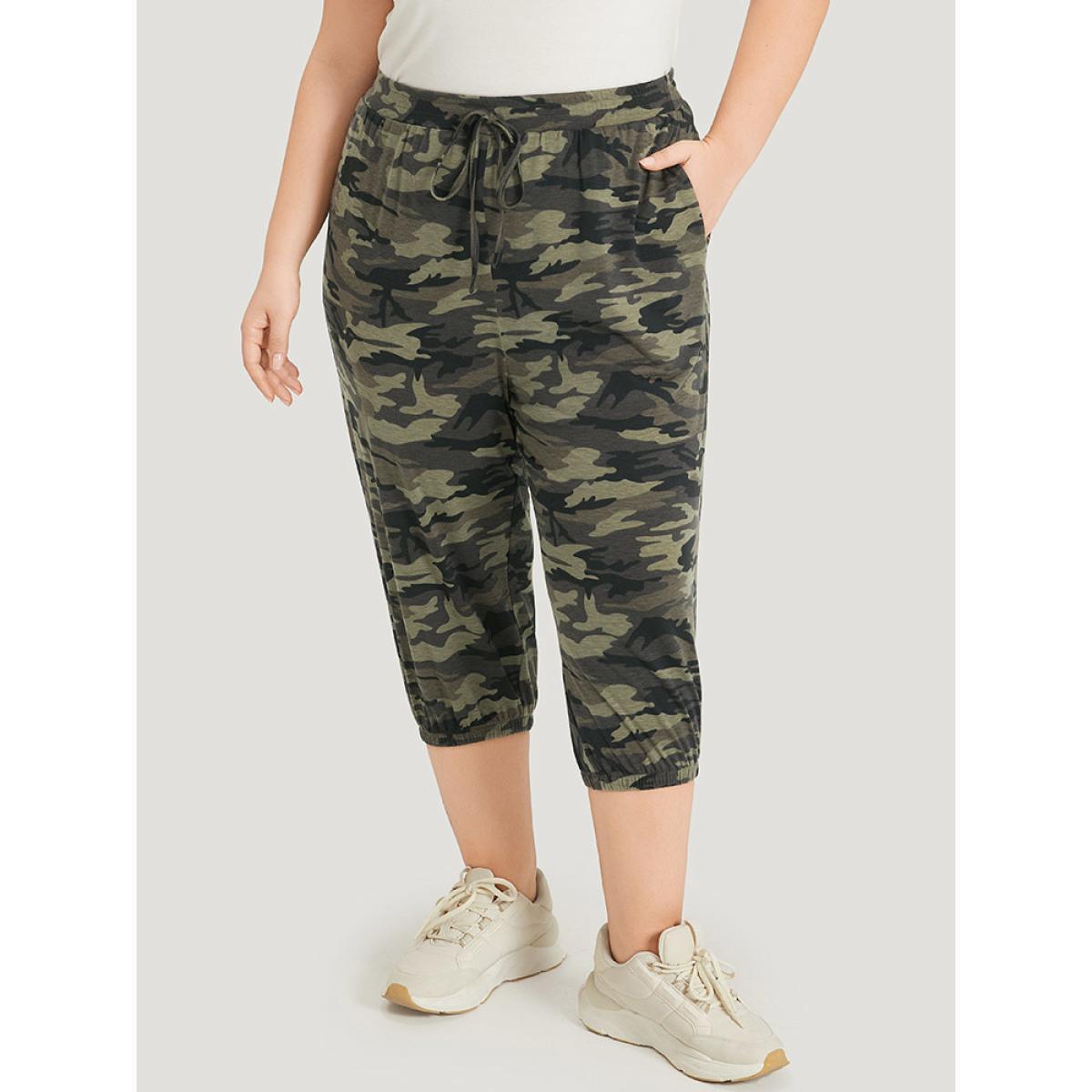 Camo Drawstring High Rise Pocket Cropped Sweatpants ArmyGreen Plus Size Women Casual Dailywear Cross straps 30/6X Bloomchic Product Image