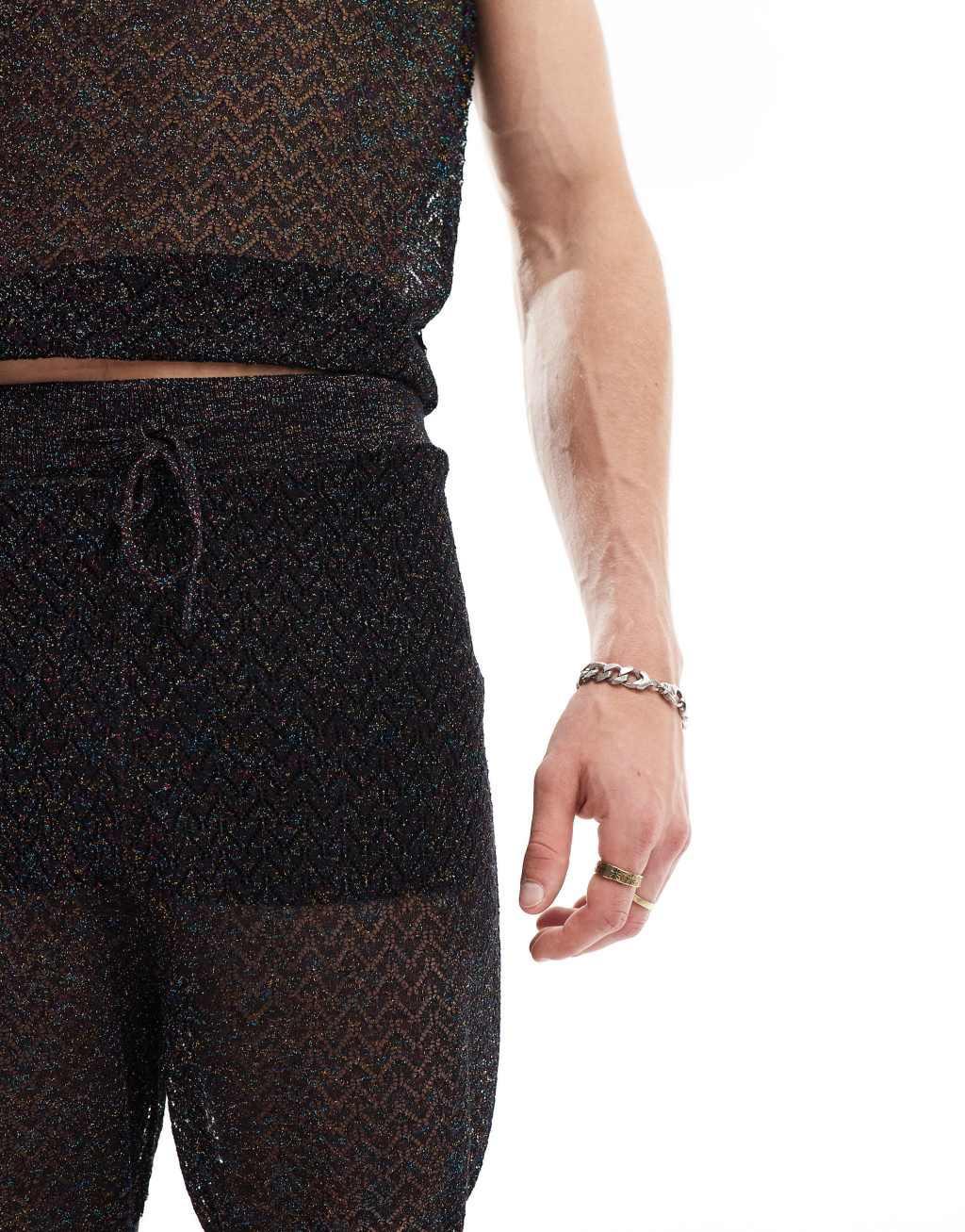 ASOS DESIGN knitted shorts in black metallic mesh - part of a set Product Image