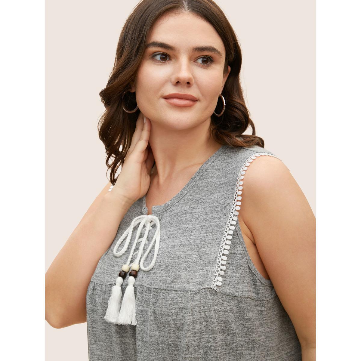 Plus Size Textured Lace Up Tassel Pompom Trim Tank Top Women DimGray Resort Woven ribbon&lace trim Round Neck Vacation Tank Tops Camis BloomChic 30/6X Product Image