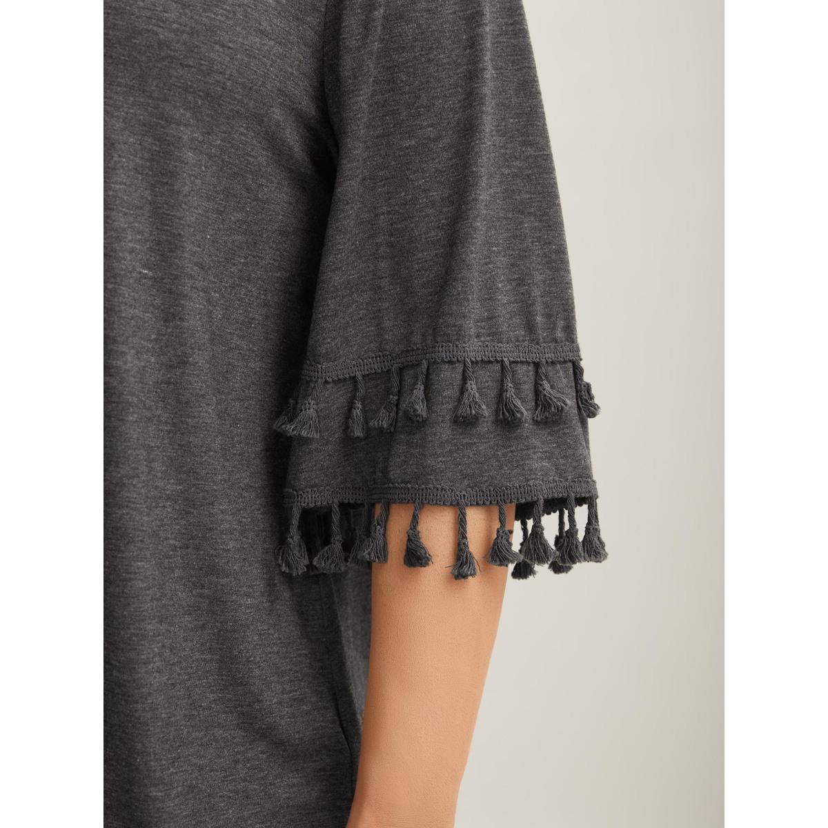 Plus Size Tassel Sleeve V-Neck Plain T-Shirt DimGray Women Casual Tassels V-neck Everyday T-shirts BloomChic 28/5X Product Image