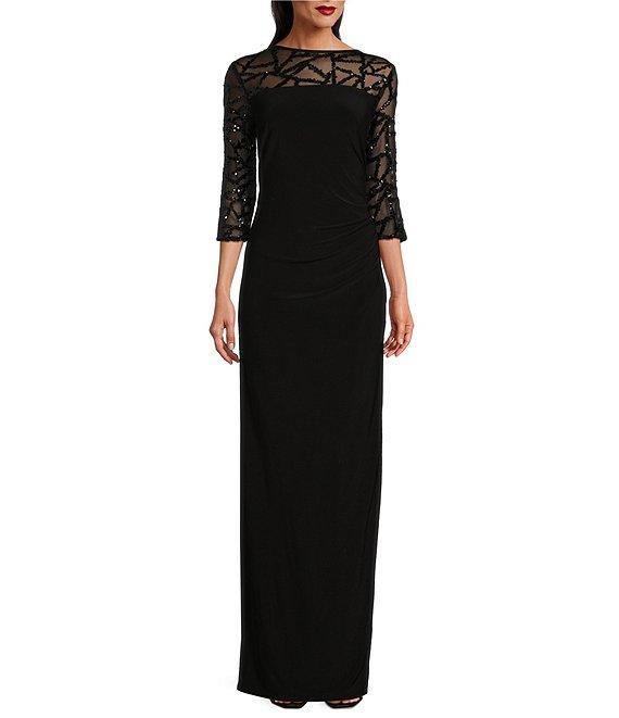 Le Bos Stretch Sequin Lace Mesh Crew Neck 3/4 Illusion Sleeves Back Slit Column Dress Product Image