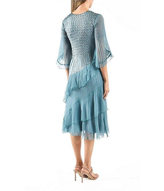 Komarov Charmeuse Chiffon Tulip Sleeve Tiered Diagonal Hem Fit & Flare Midi Dress Product Image