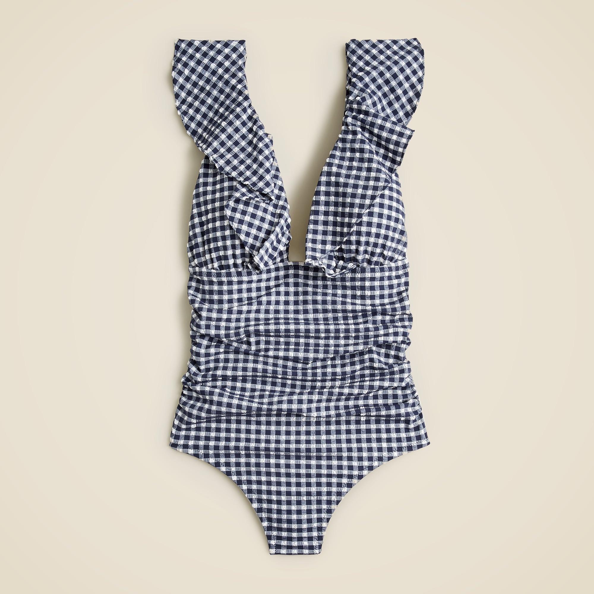 Ruched ruffle one-piece swimsuit in classic gingham Product Image