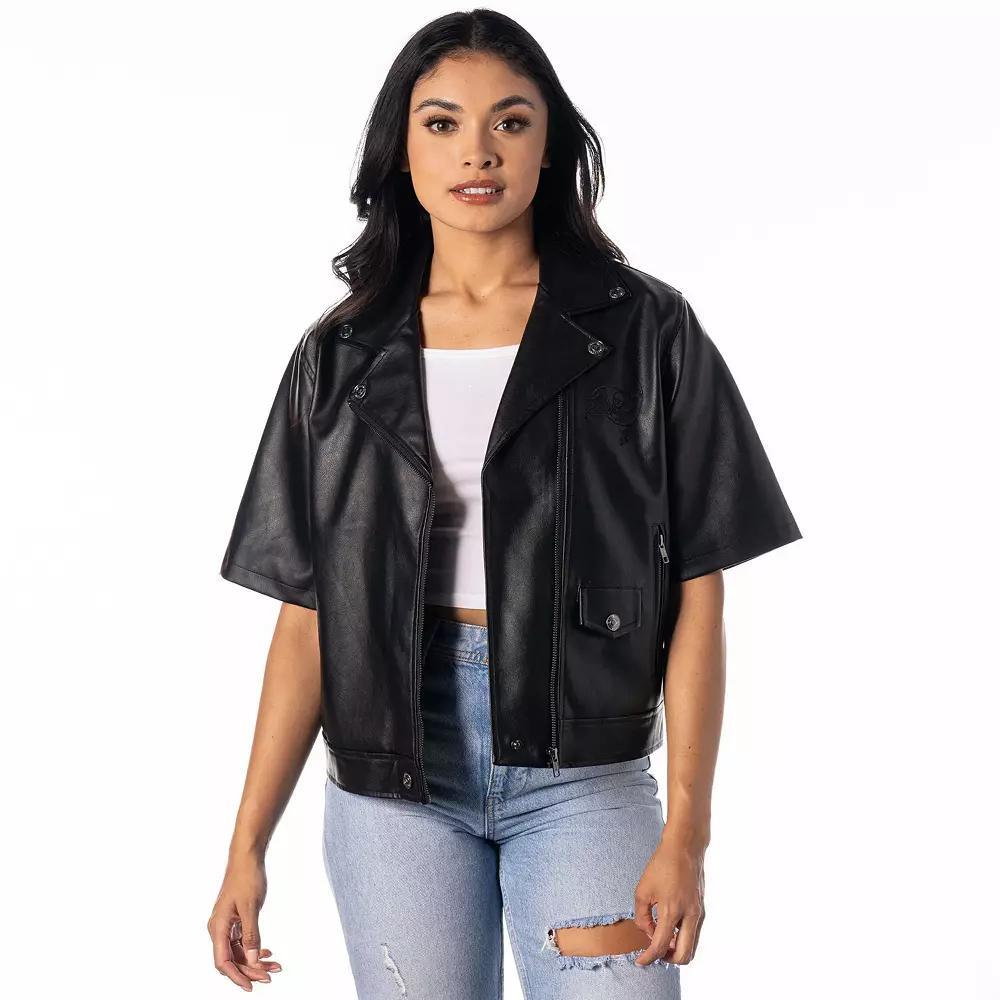 Women's The Wild Collective Black Tampa Bay Buccaneers Faux Leather Moto Short Sleeve Full-Zip Jacket, Size: Large Product Image