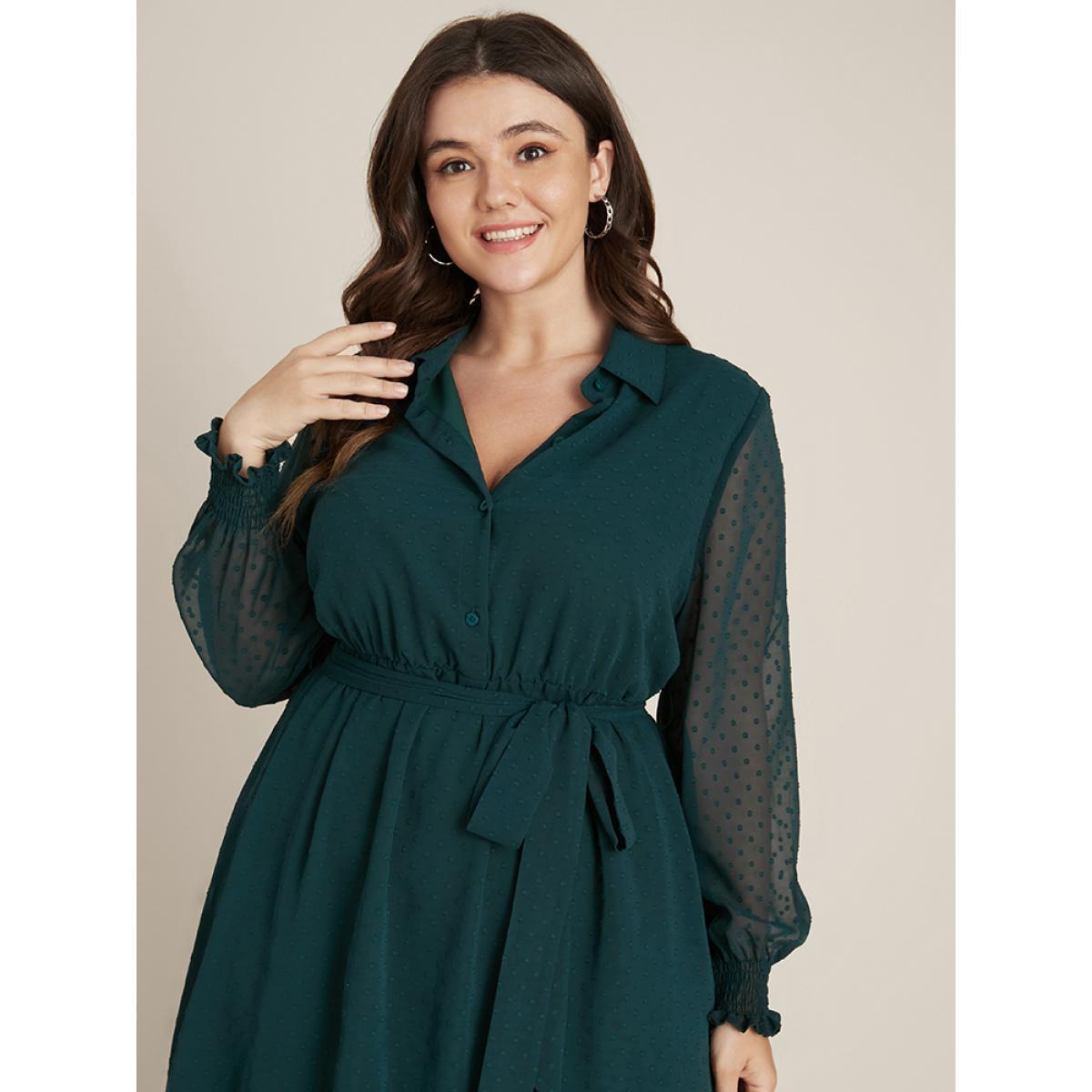 Plus Size Polka Dot Shirred Button Mesh Belted Shirt Collar Dress DarkGreen Women Glamour Elastic Waist Shirt collar Long Sleeve Curvy Midi Dress BloomChic 26/4X Product Image