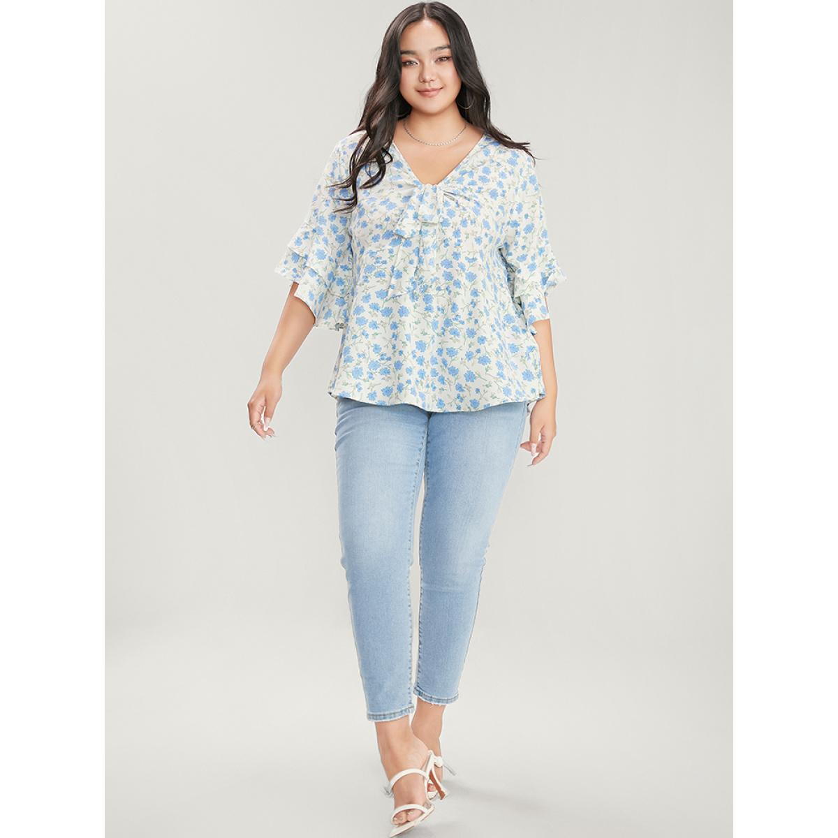 Plus Size White Floral Printed Knotted Front V Neck Ruffle Sleeve Blouse Women Elegant Elbow-length sleeve V-neck Dailywear Blouses BloomChic 14-16/1X Product Image