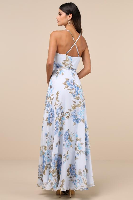 Oh-So Romantic Pale Blue Floral Print Sleeveless Wrap Maxi Dress Product Image