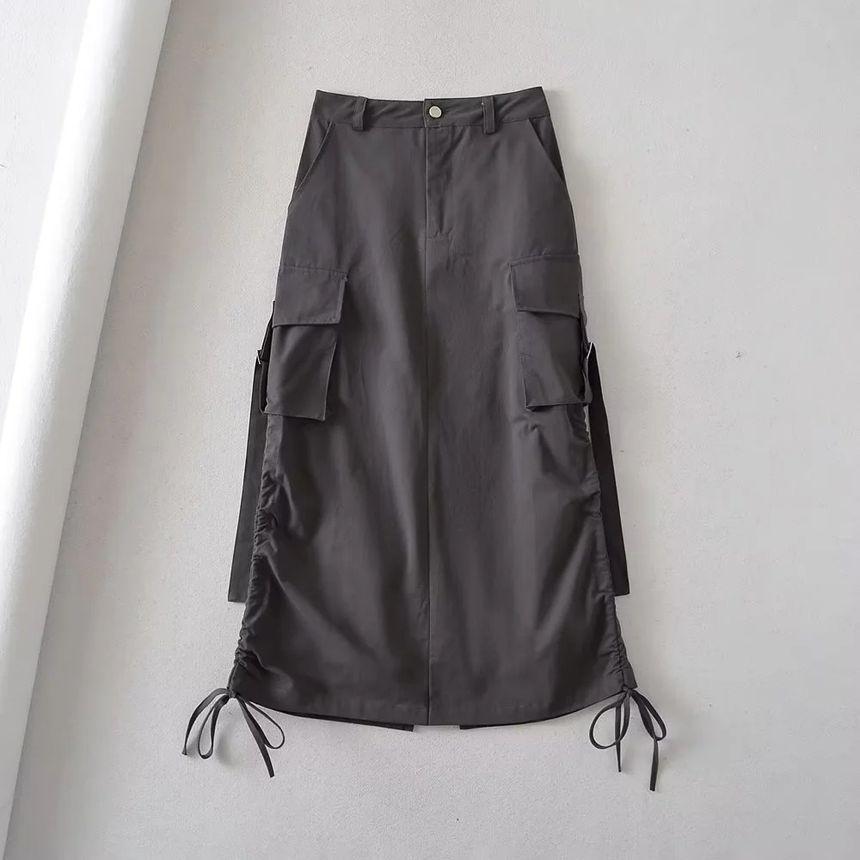 High Rise Plain Drawstring Midi A-Line Cargo Skirt Product Image