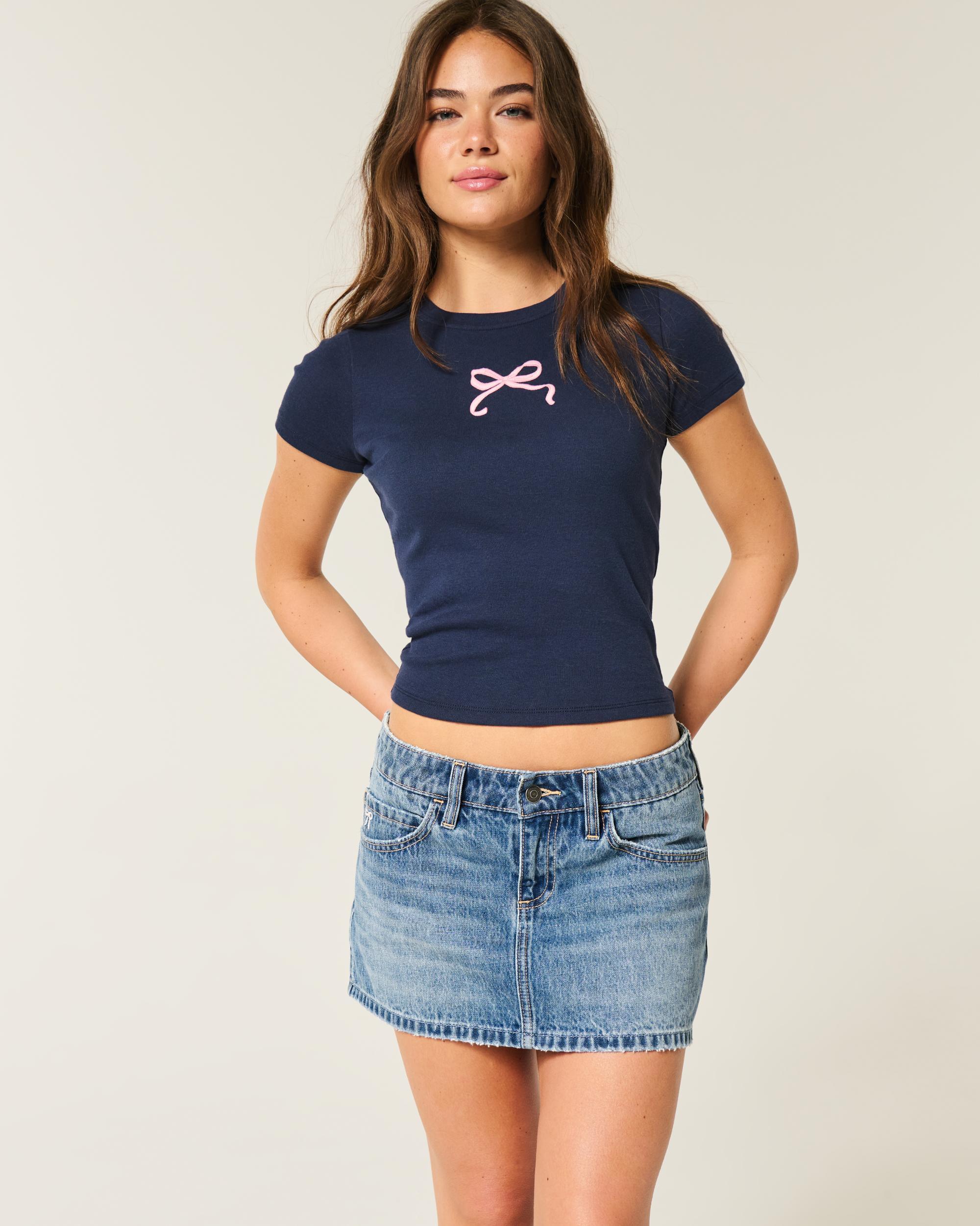 Low-Rise Medium Wash Star Applique Denim Mini Skort Product Image