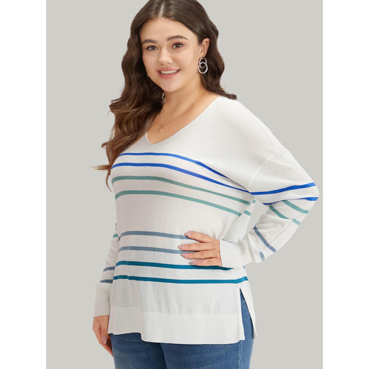 Plus Size Striped V Neck Split Hem Pullover White Women Casual Loose Long Sleeve V-neck Everyday Pullovers BloomChic 18-20/2X Product Image