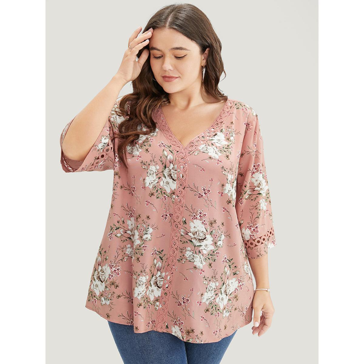 Plus Size Rouge Floral Flounce Sleeve Crochet Lace Blouse Women Elegant Elbow-length sleeve V-neck Dailywear Blouses BloomChic 22-24/3X Product Image