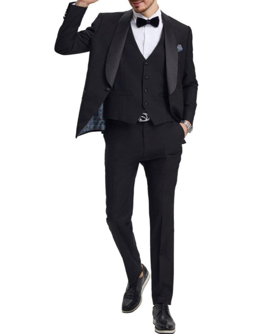 Stacy Adams - Black 3 Piece Hybrid Fit Tuxedo Satin Shawl Lapel Product Image