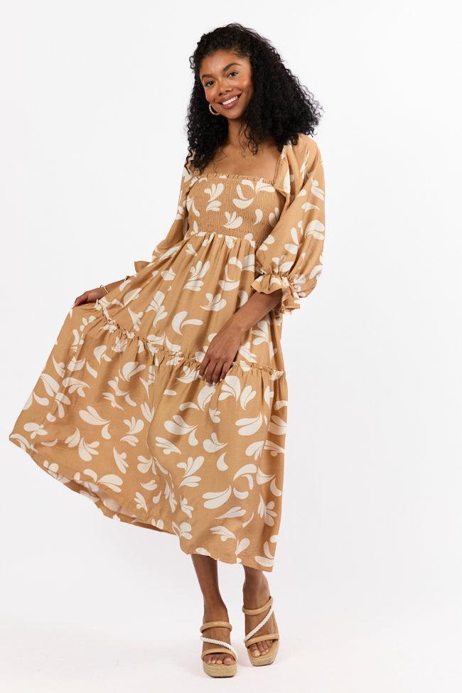 Swing Of Things Neutral Printed Smocked Midi Dress SALE Product Image