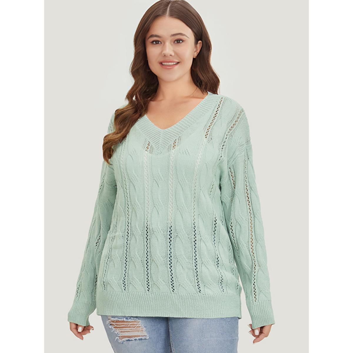 Plus Size Plain Cable Knit Drop Shoulder Pullover LightGreen Women Casual Loose Long Sleeve V-neck Dailywear Pullovers BloomChic 26/4X Product Image