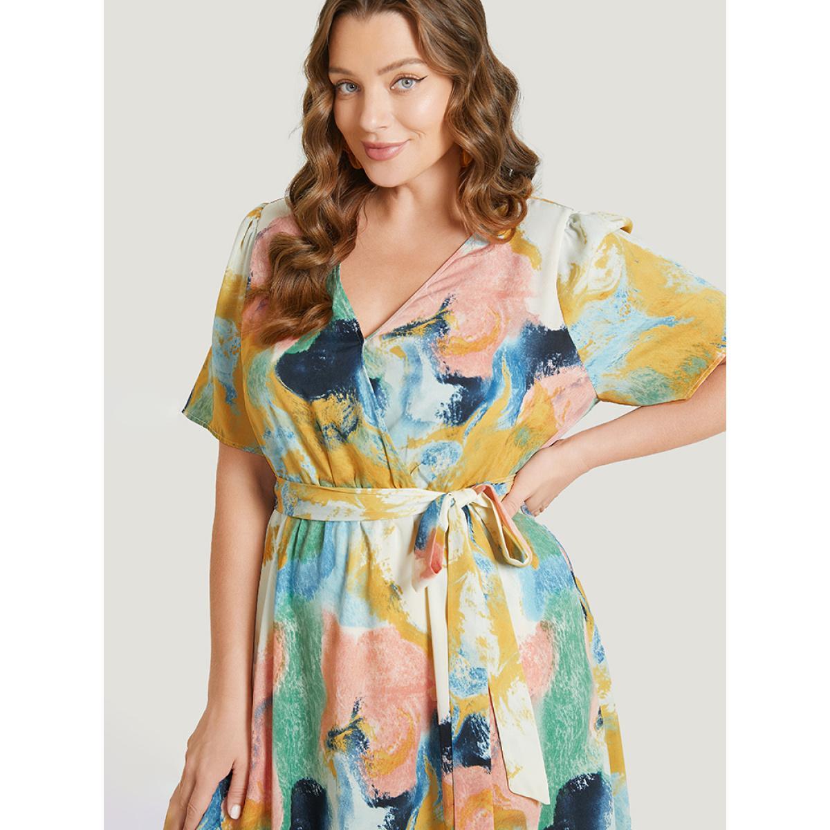 Plus Size Tie Dye Ruffle Pocket Wrap Belted High Low Dress Green Women Elegant Wrap V-neck Short sleeve Curvy Midi Dress BloomChic 10/M Product Image