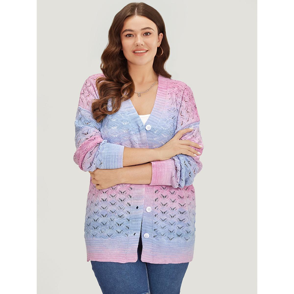 Plus Size Ombre Button Through Hollow Out Cardigan Multicolor Women Casual Loose Long Sleeve Dailywear Cardigans BloomChic 10/M Product Image