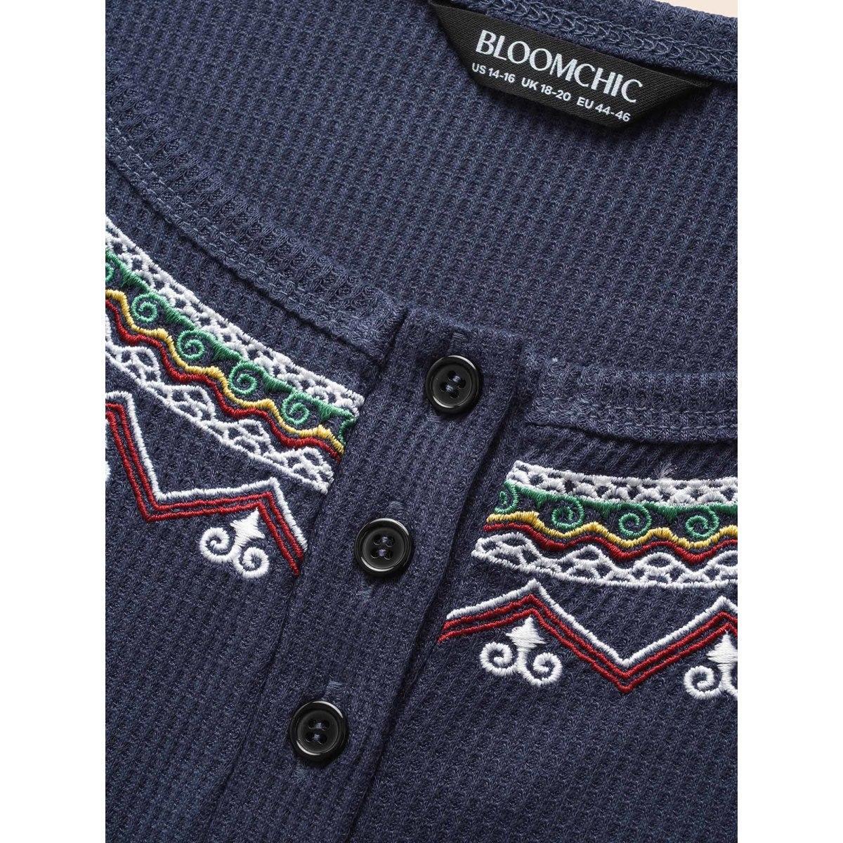 Plus Size Bandana Embroidered Button Up T-shirt Indigo Women Casual Embroidered Art&design Round Neck Everyday T-shirts BloomChic 10/M Product Image