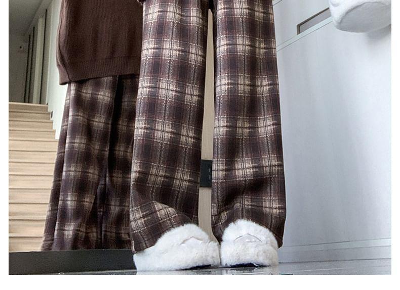 Drawstring Waist Plaid Fleece-Lined Wide Leg Pants Product Image