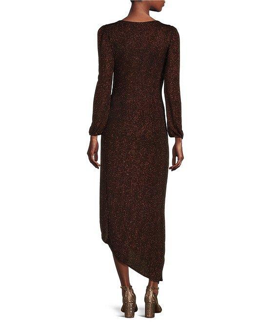 Alex Marie Abigail Two Tone Glitter Lurex High Boat Neck Long Blouson Sleeve Faux Wrap Ruched Asymmetrical Hem Maxi Dress Product Image