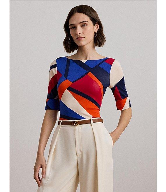 Lauren Ralph Lauren Petite Size Stretch Cotton Abstract Print Boat Neck Elbow Length Sleeve Top Product Image