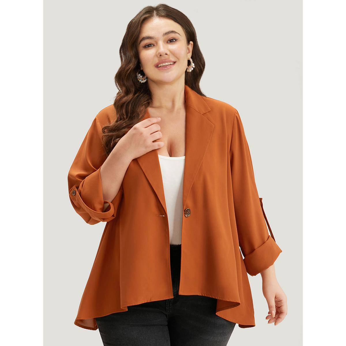 Plus Size Plain Button Up Tab Sleeve High Low Hem Blazer Chocolate Women Work Plain Drape Sleeve Long Sleeve Lapel Collar 28/5X At the Office Blazers BloomChic Product Image