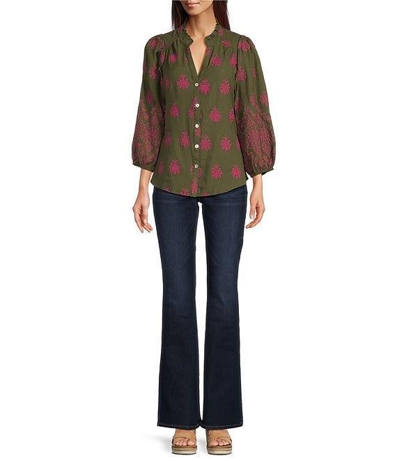 Calessa Embroidered Medallion Print Split V-Neck Long Sleeve Button Front Tunic Product Image