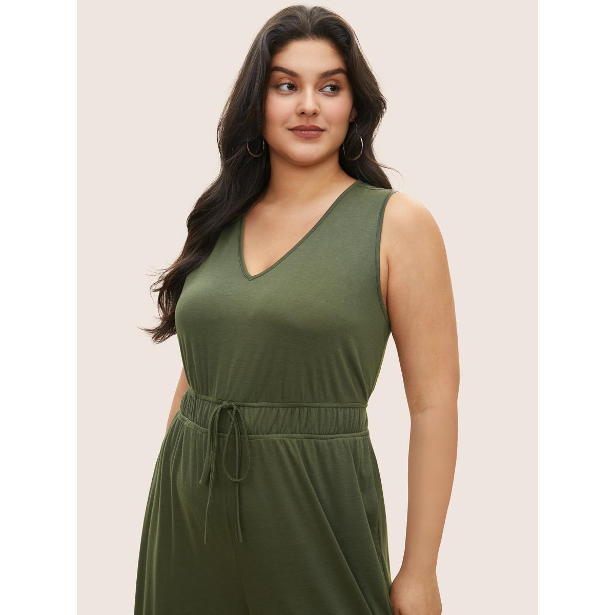 Plus Size ArmyGreen Solid Split Side Pocket Bowknot Tank Jumpsuit Women Casual Sleeveless V-neck Everyday Loose Jumpsuits BloomChic 30/6X Product Image