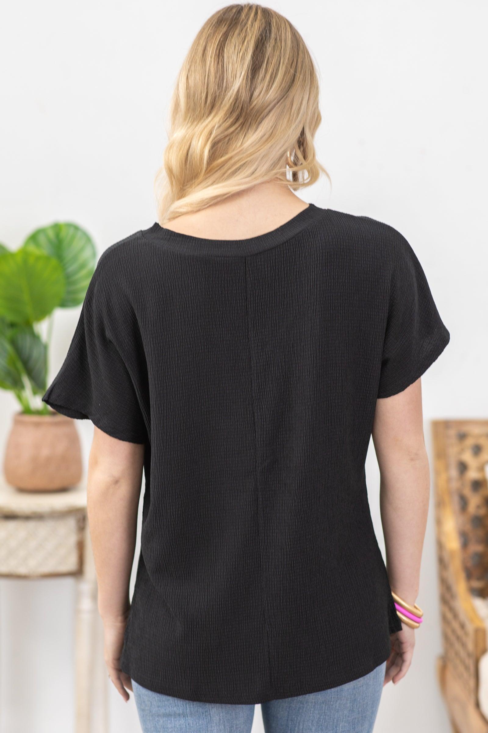 Black Crinkled V-Neck Short Sleeve Knit Top Product Image