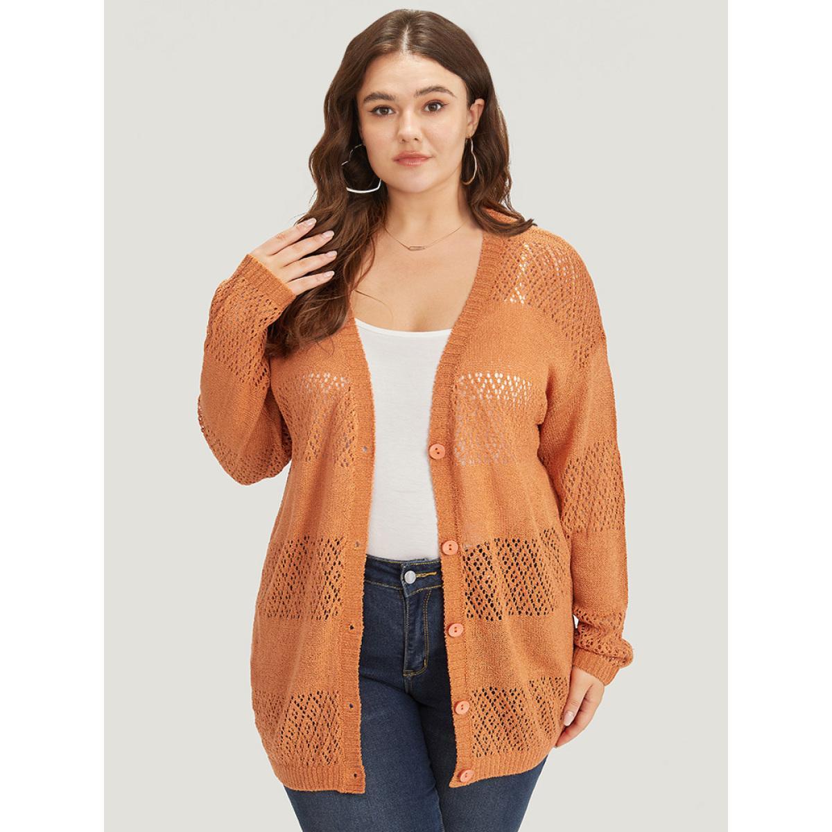 Plus Size Plain Geometric Eyelet Button Through Loose Cardigan Orange Women Casual Loose Long Sleeve Dailywear Cardigans BloomChic 18-20/2X Product Image