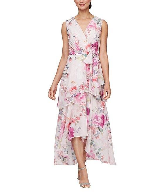 Ignite Evenings Surplice Neck Sleeveless Tiered Skirt Tie Tash Belt High Low Hemline Chiffon Dress Product Image