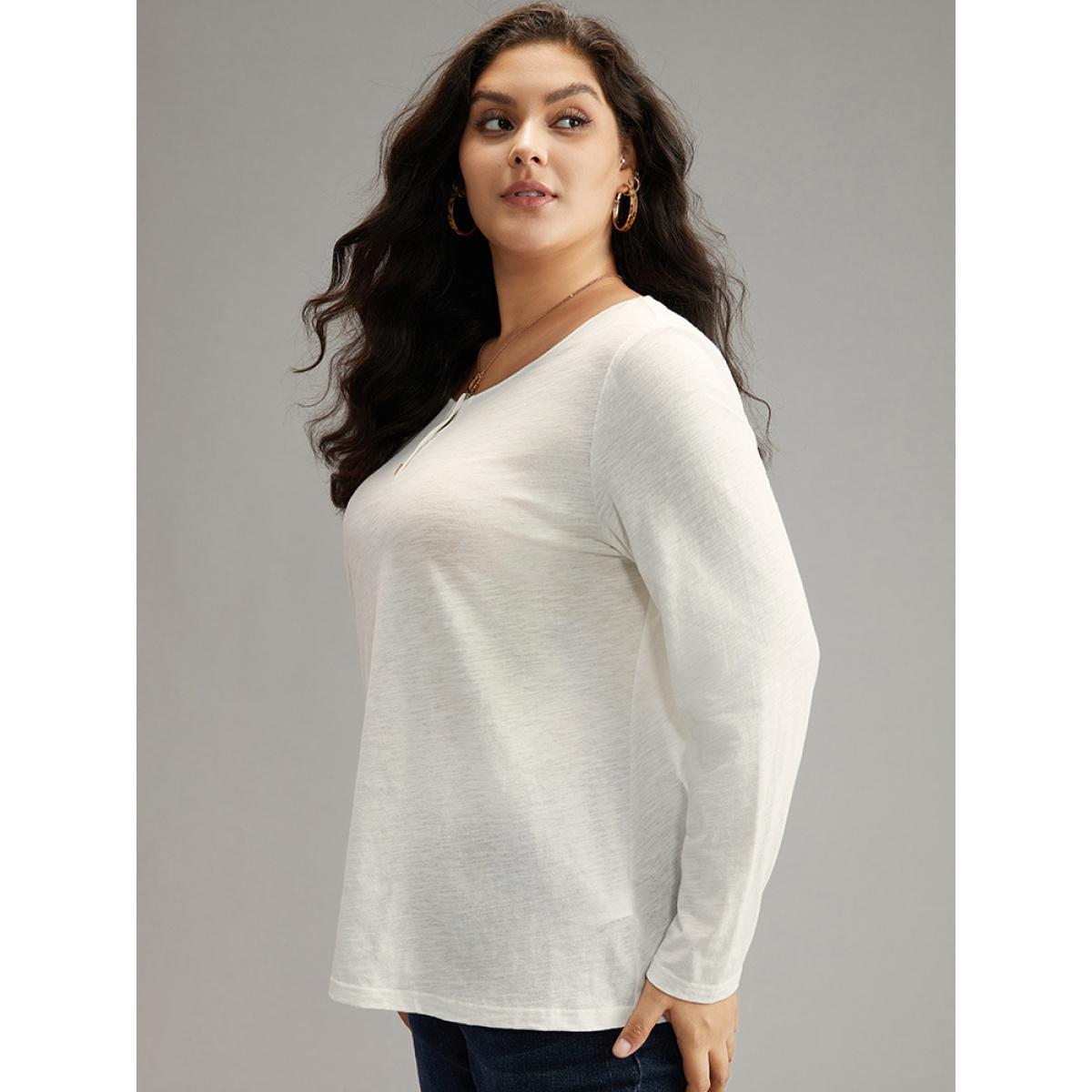 Plus Size Cotton Solid Button Up Crew Neck T-shirt White Women Casual Plain Plain Open Front Dailywear T-shirts BloomChic 18-20/2X Product Image