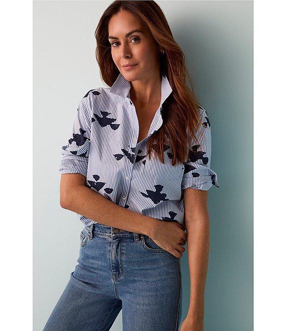 NIC + ZOE Woven Stamped Stripe Point Collar Long Sleeve Shirt Product Image