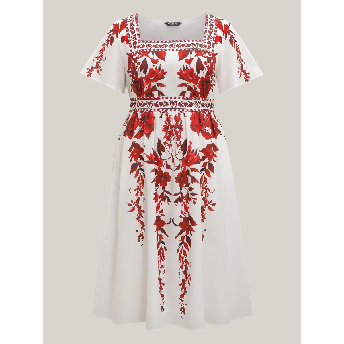 Plus Size Bohemian Floral Print Stretchy Waist Maxi Dress Originalwhite Women Elegant Non Square Neck Short sleeve Curvy BloomChic 22-24/3X Product Image