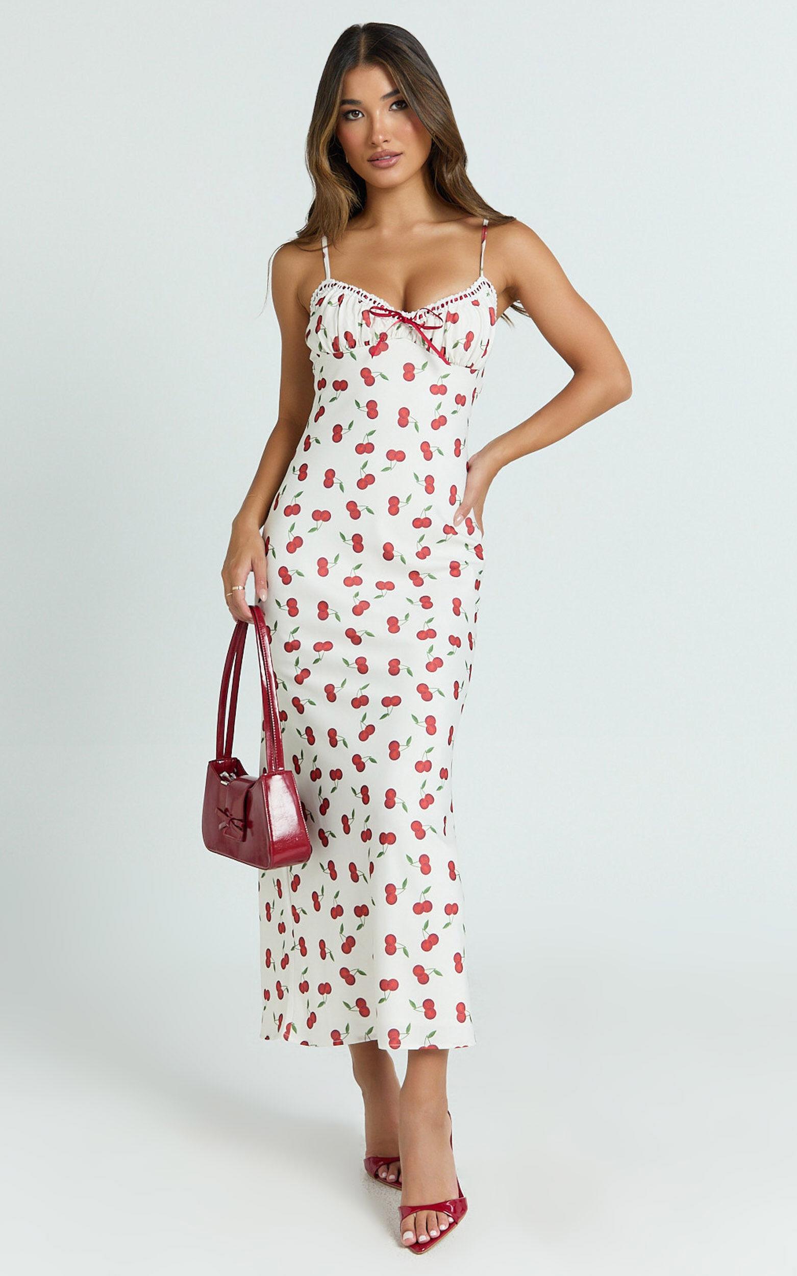 Bailey Midi Dress - Recycled Cherry Print Lace Trim Bias Cut Slip Dress in Blushing Cherries Print Product Image