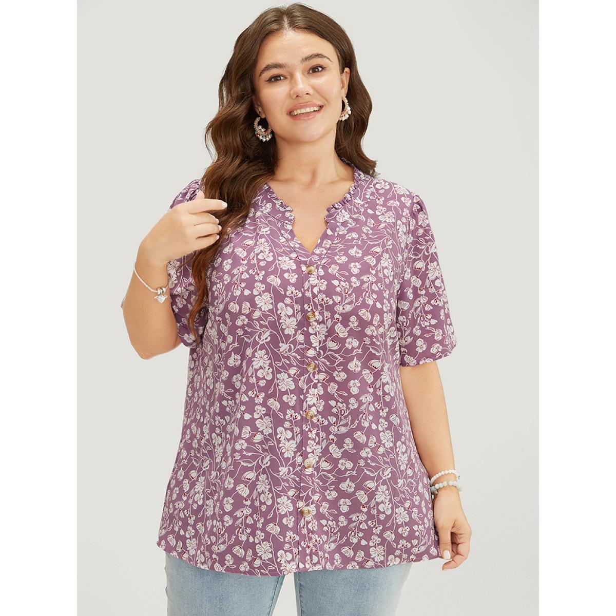 Plus Size Mauve Ditsy Floral Button Up Frill Trim Notched Blouse Women Elegant Short sleeve Notched collar Dailywear Blouses BloomChic 12/L Product Image